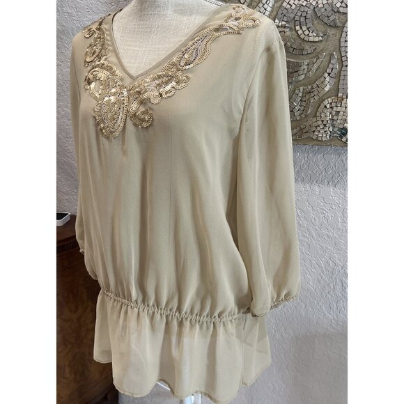 Chicos Beige Sheer Blouse Sequin Embellished Neckline & Cinched Waist Size M - Picture 2 of 12